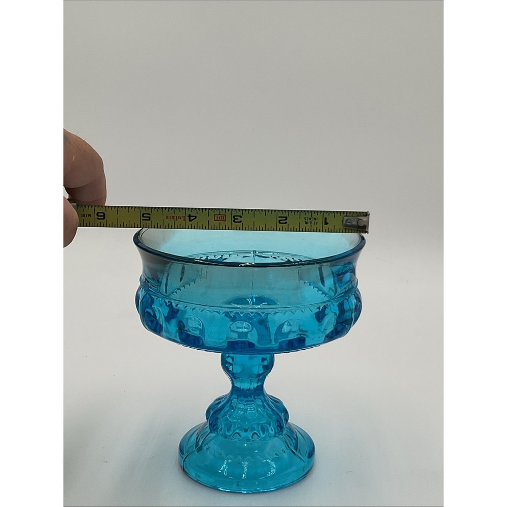 Vintage INDIANA GLASS Kings Crown Aqua Blue Thumbprint Pedestal COMPOTE Bowl - Picture 2 of 6